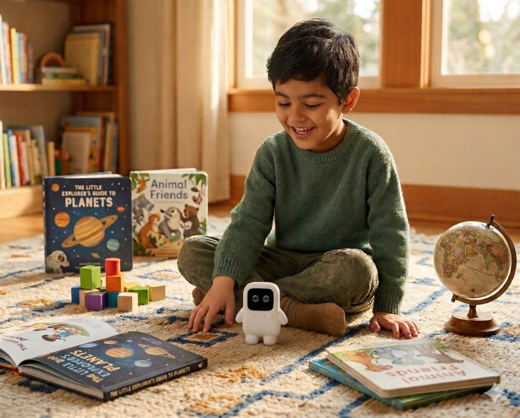Child playing with Besty device surrounded by books